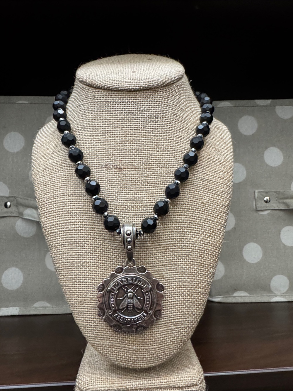 Black Faceted Bead Necklace with Silver Bee Medallion